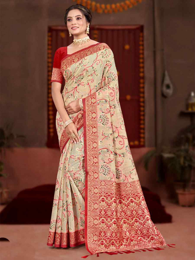 Image of Cream Meenakari Cotton Silk Handwoven Casual Reception Festival Wedding Fancy Classic Style Sarees