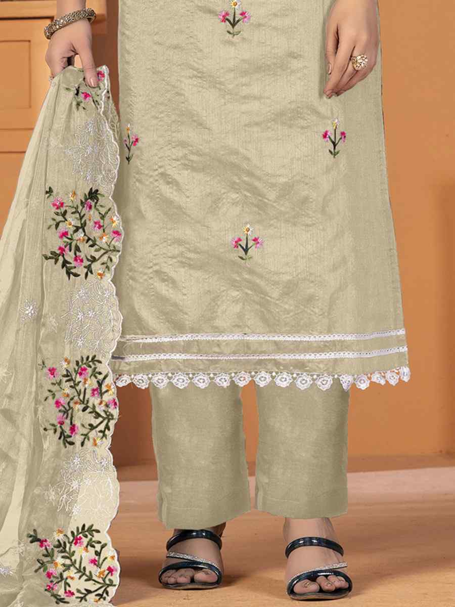 Cream Modal Chanderi Silk Embroidered Casual Festival Pant Salwar Kameez
