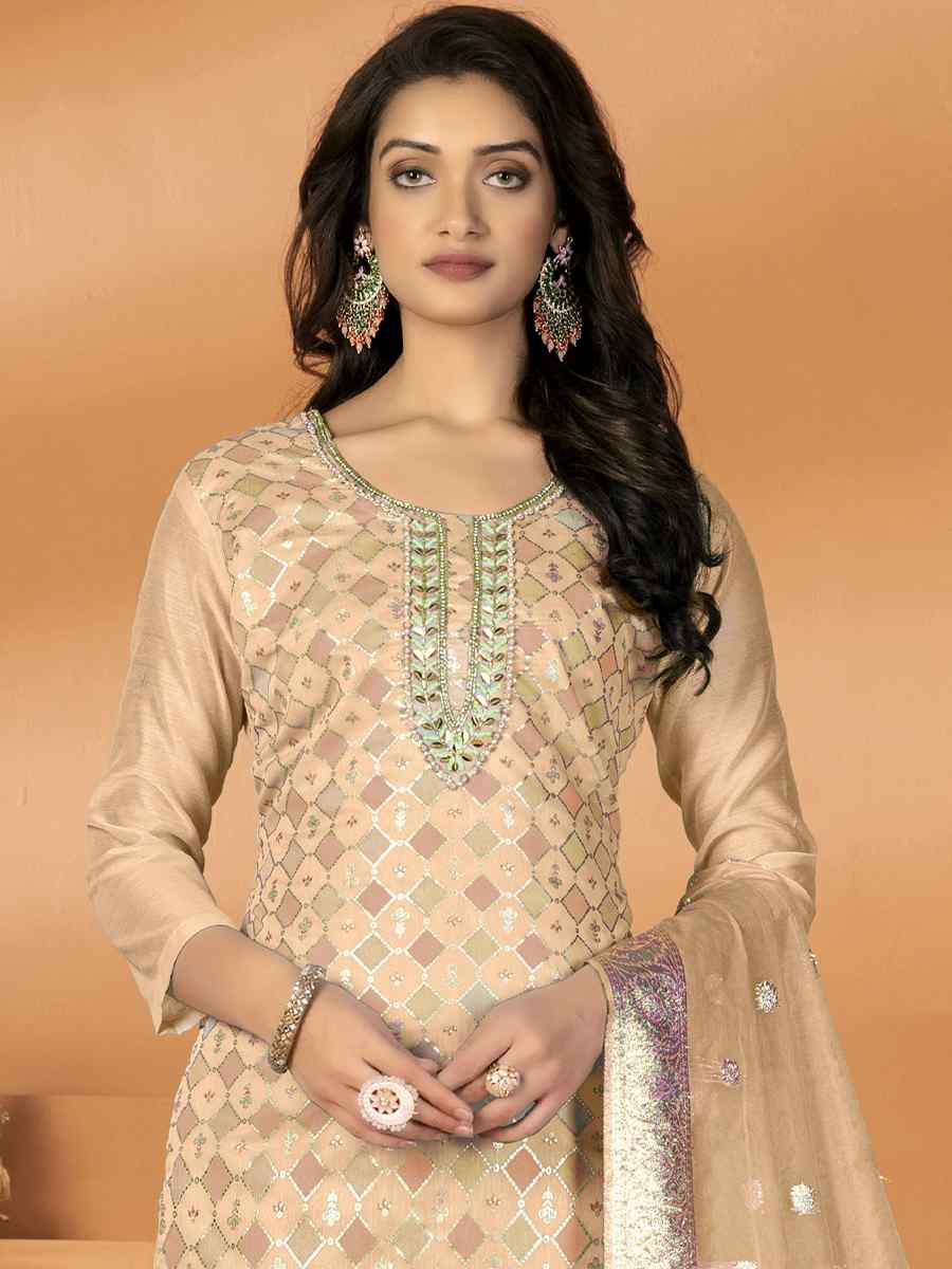 Cream Modal Silk Embroidered Casual Festival Pant Salwar Kameez