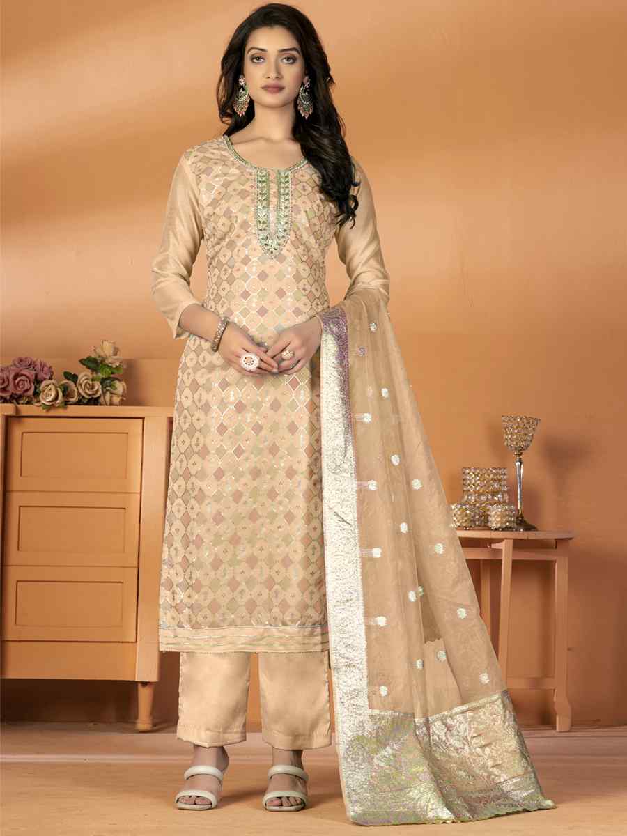 Cream Modal Silk Embroidered Casual Festival Pant Salwar Kameez