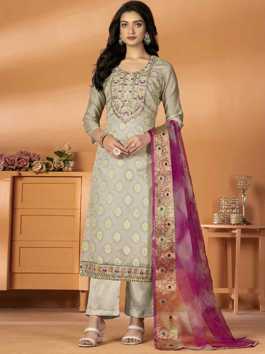 Cream Modal Silk Embroidered Casual Festival Pant Salwar Kameez