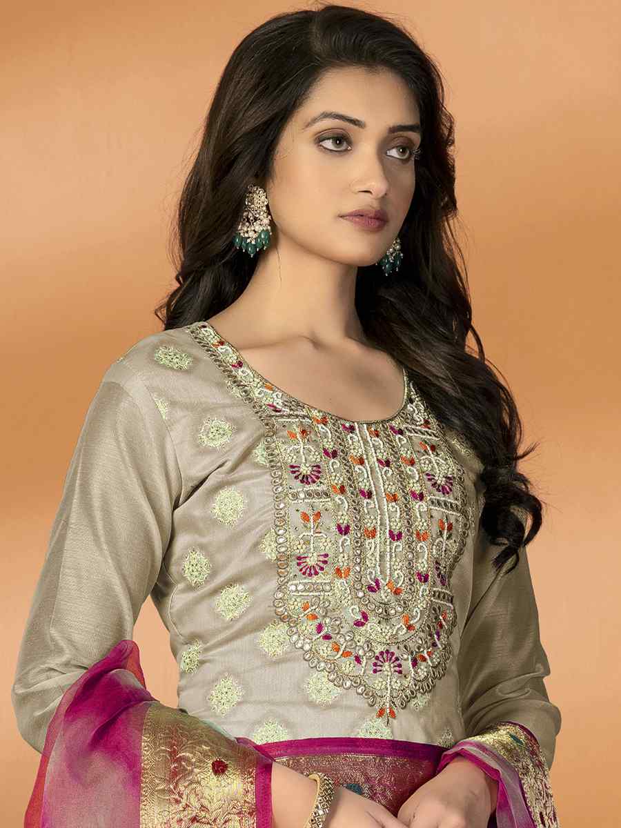 Cream Modal Silk Embroidered Casual Festival Pant Salwar Kameez