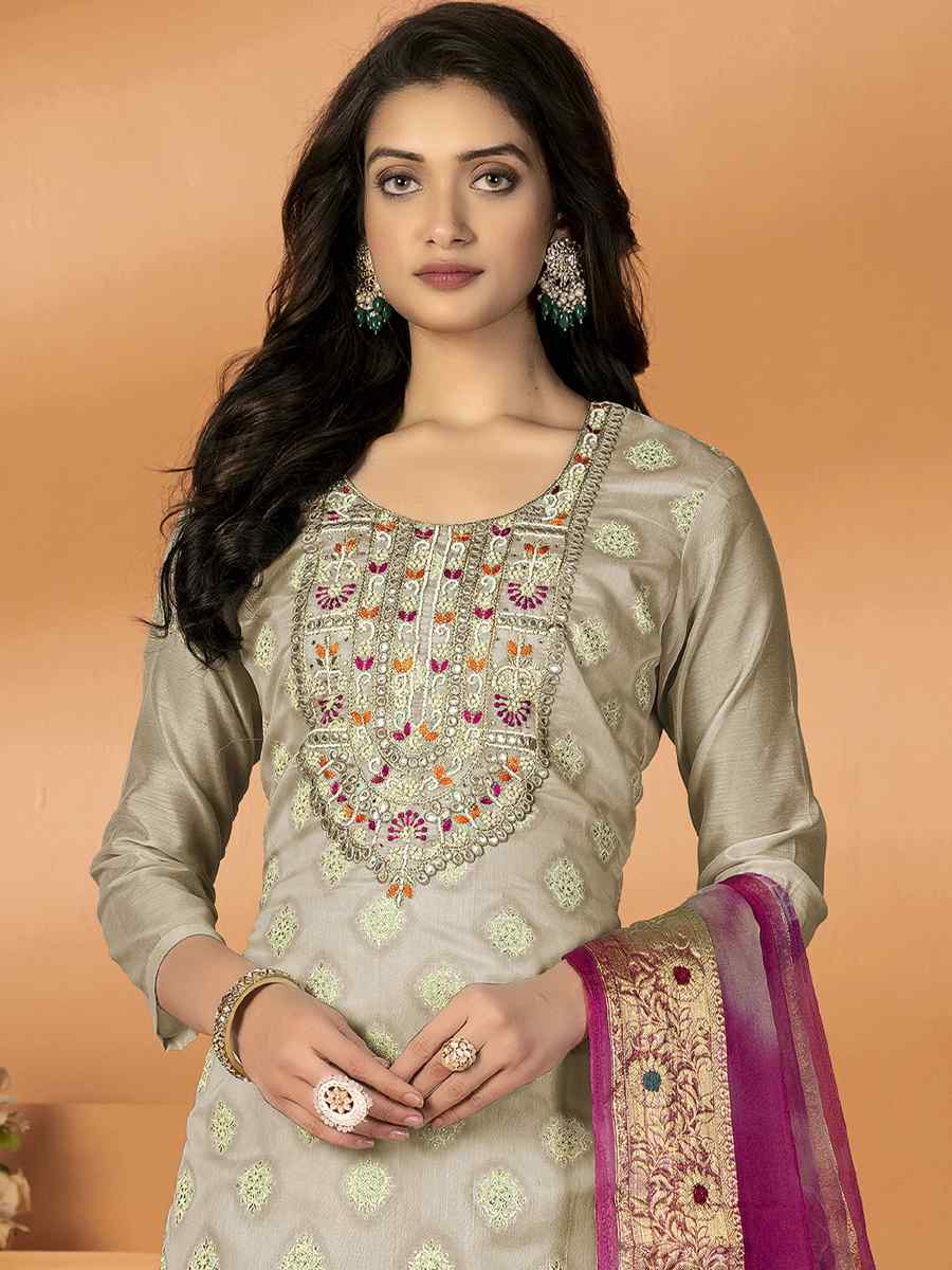 Cream Modal Silk Embroidered Casual Festival Pant Salwar Kameez