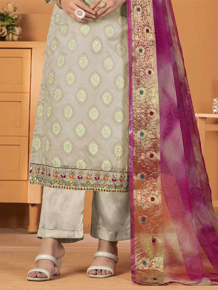 Cream Modal Silk Embroidered Casual Festival Pant Salwar Kameez