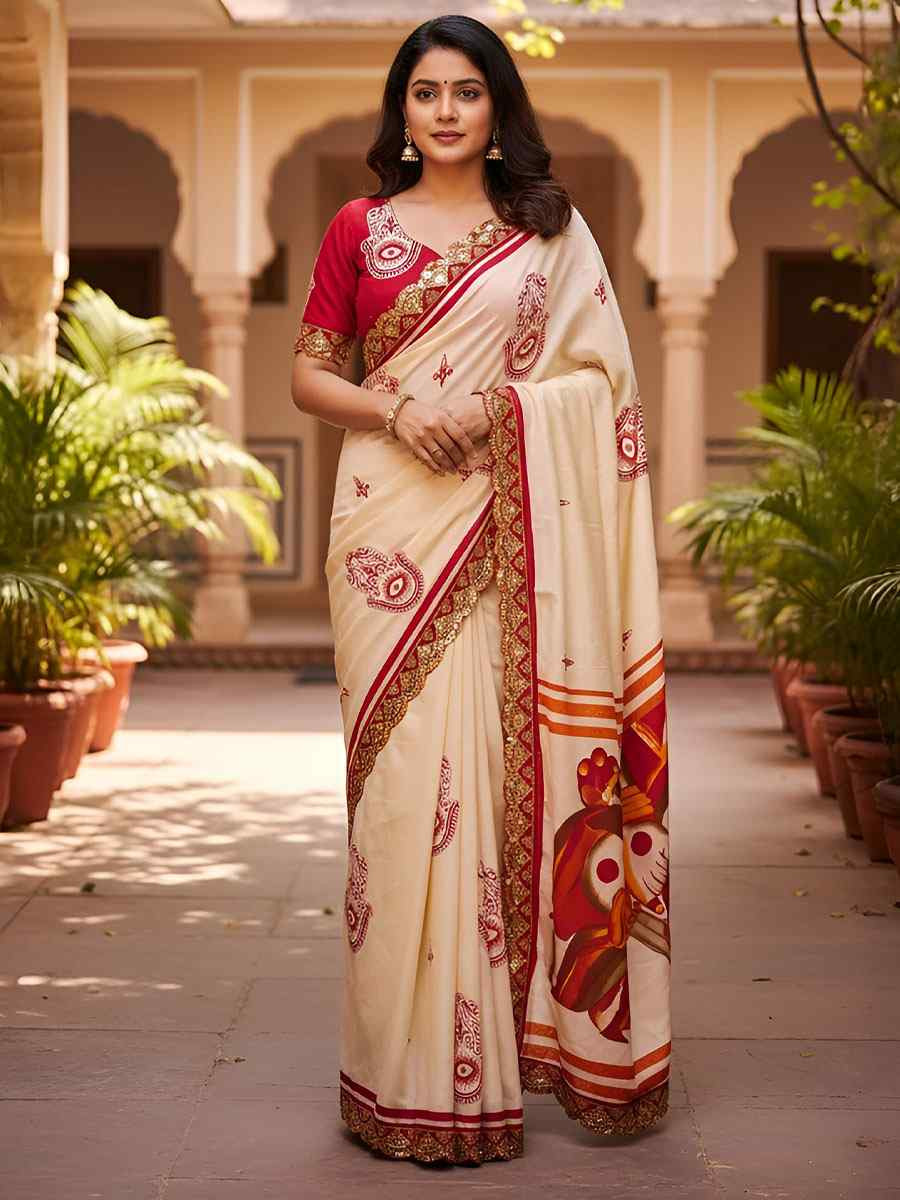Cream Mulmul Cotton Hand Block Printed Festival Wedding Fancy Heavy Border Saree