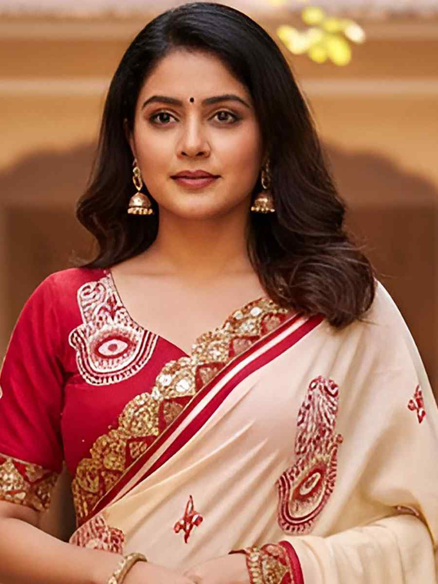 Cream Mulmul Cotton Hand Block Printed Festival Wedding Fancy Heavy Border Saree