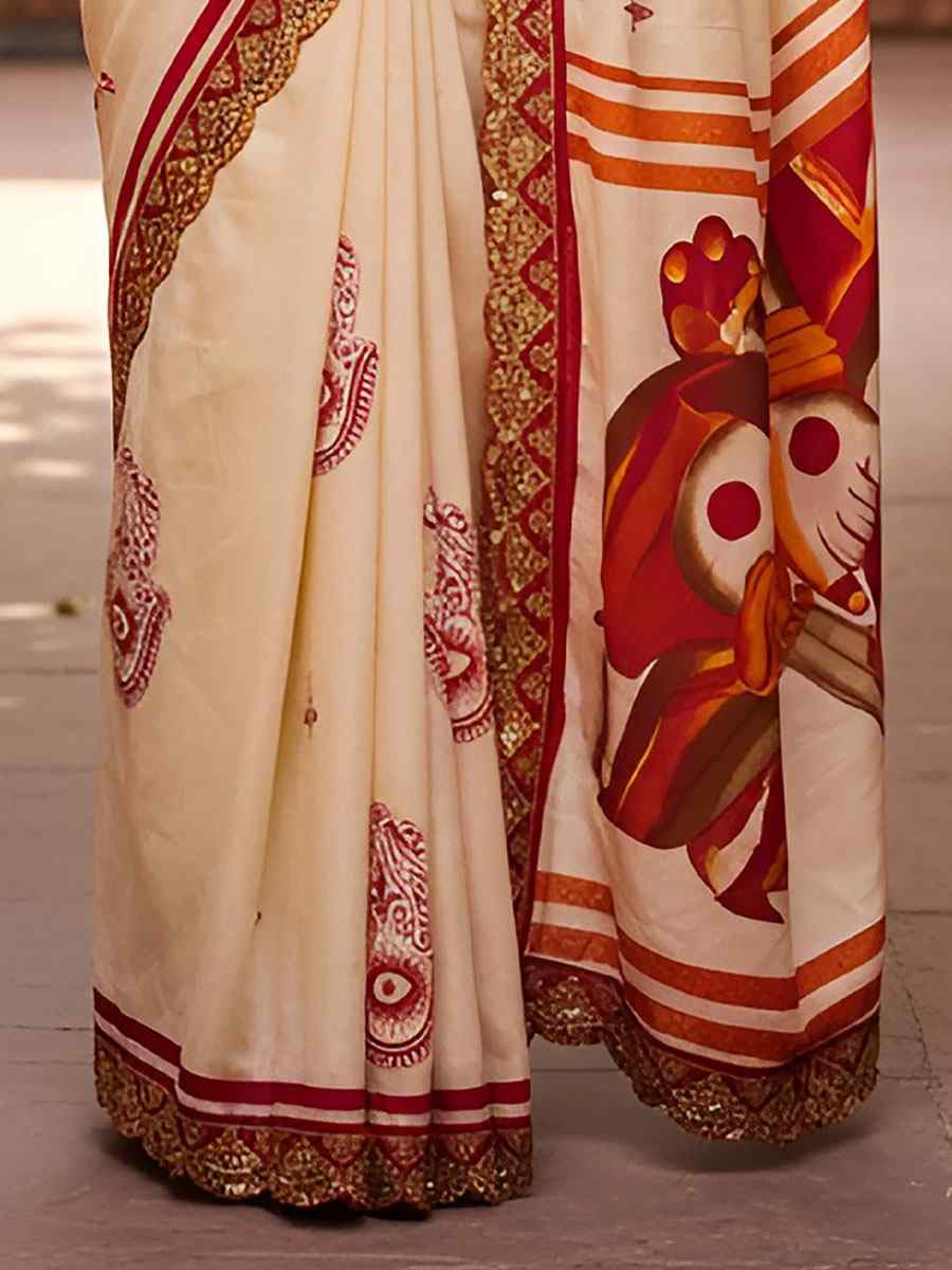 Cream Mulmul Cotton Hand Block Printed Festival Wedding Fancy Heavy Border Saree