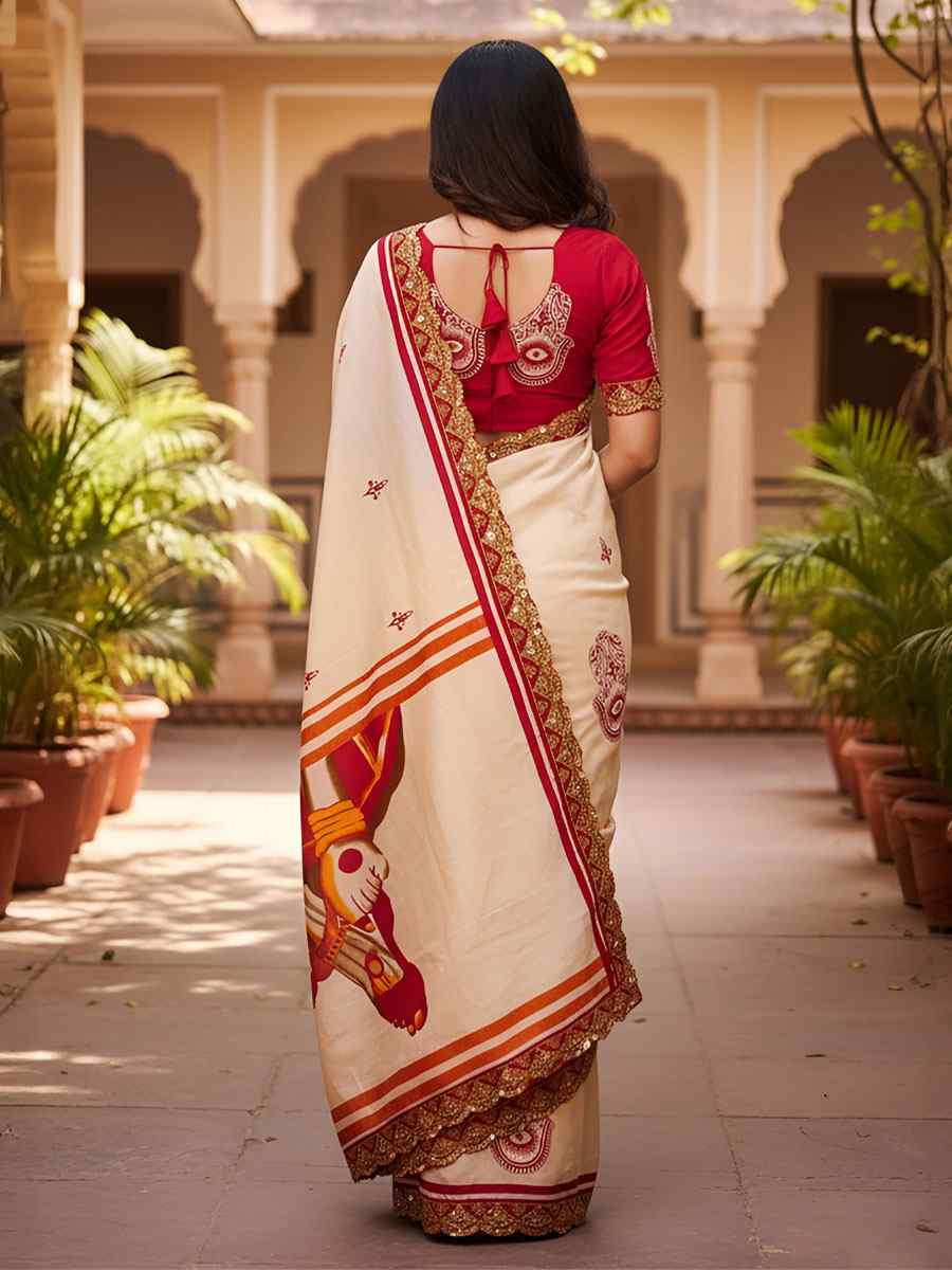 Cream Mulmul Cotton Hand Block Printed Festival Wedding Fancy Heavy Border Saree