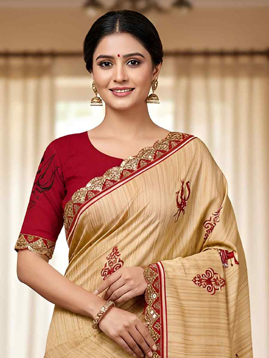 Cream Mulmul Cotton Hand Block Printed Festival Wedding Fancy Heavy Border Saree