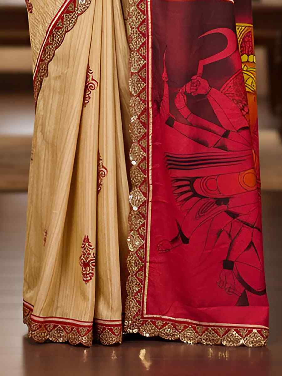 Cream Mulmul Cotton Hand Block Printed Festival Wedding Fancy Heavy Border Saree