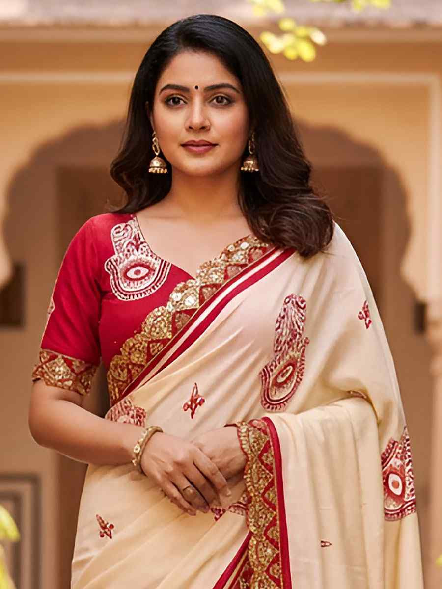 Cream Mulmul Cotton Hand Block Printed Festival Wedding Fancy Heavy Border Saree