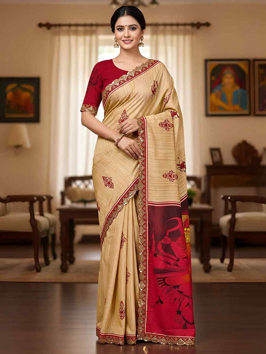 Cream Mulmul Cotton Hand Block Printed Festival Wedding Fancy Heavy Border Saree