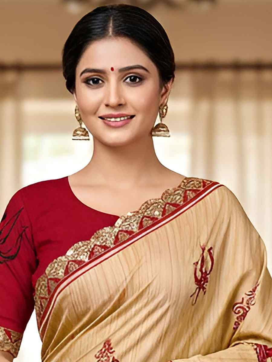 Cream Mulmul Cotton Hand Block Printed Festival Wedding Fancy Heavy Border Saree