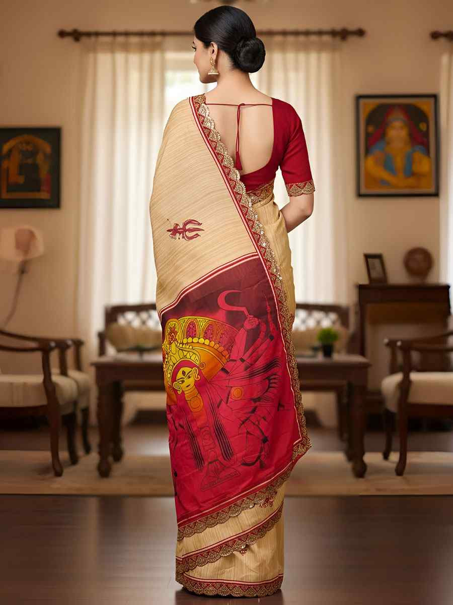 Cream Mulmul Cotton Hand Block Printed Festival Wedding Fancy Heavy Border Saree