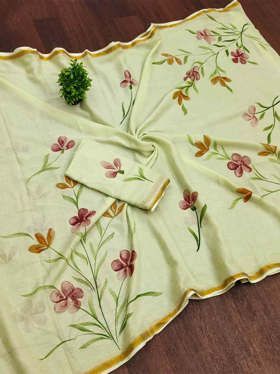Cream Mulmul Cotton Printed Traditional Casual Reception Festival Fastive Fancy Classic Style Sarees