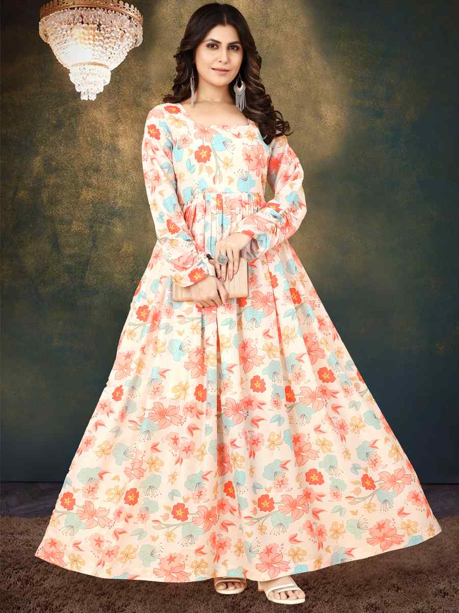 Cream Muslin Printed Festival Casual Gown