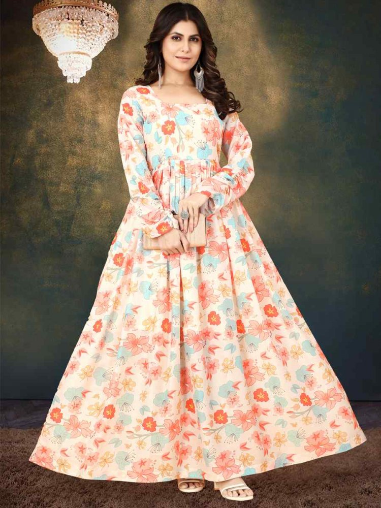 Cream Muslin Printed Festival Casual Gown