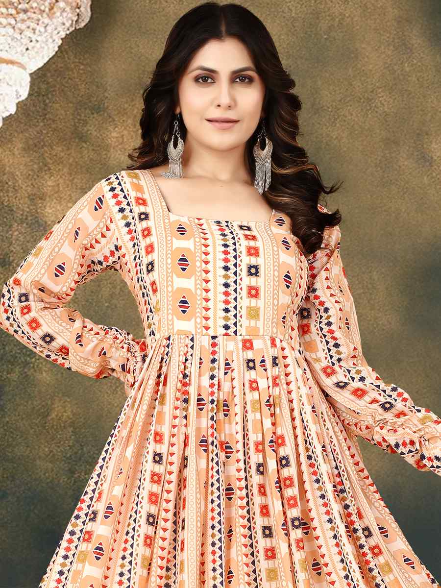 Cream Muslin Printed Festival Casual Gown