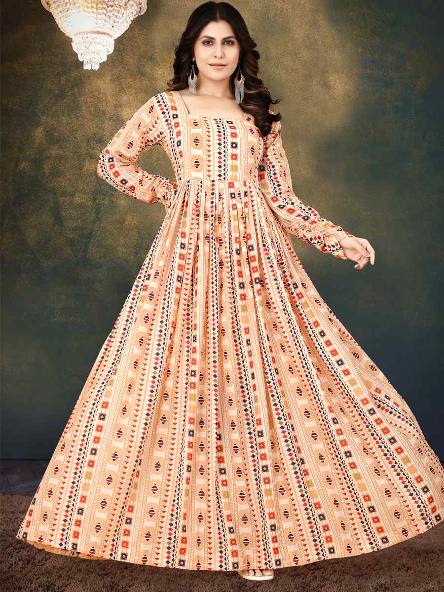 Cream Muslin Printed Festival Casual Gown