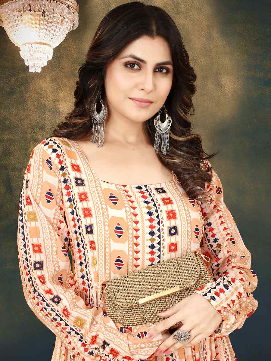 Cream Muslin Printed Festival Casual Gown