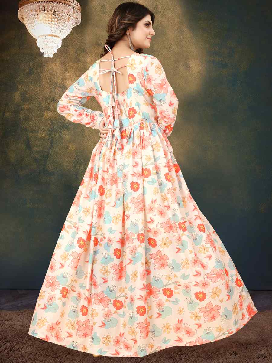 Cream Muslin Printed Festival Casual Gown