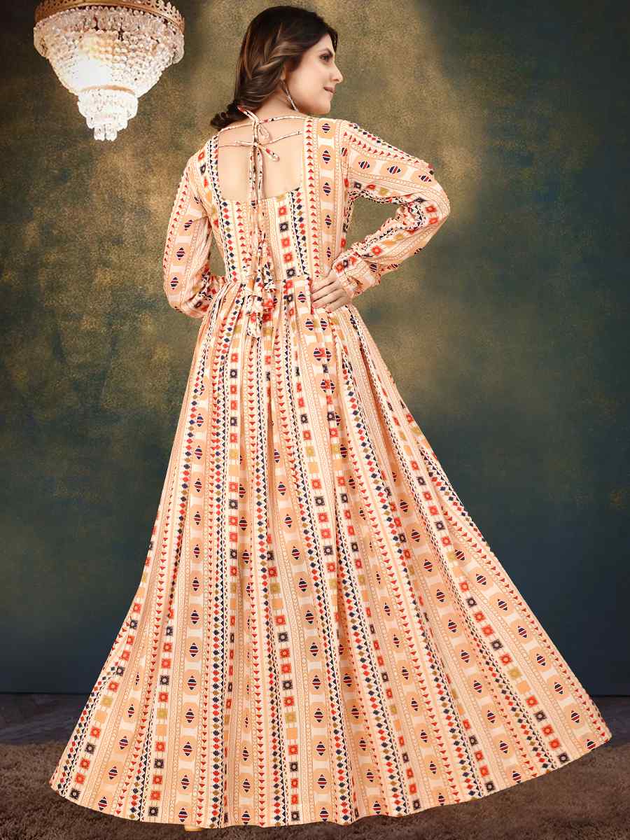 Cream Muslin Printed Festival Casual Gown