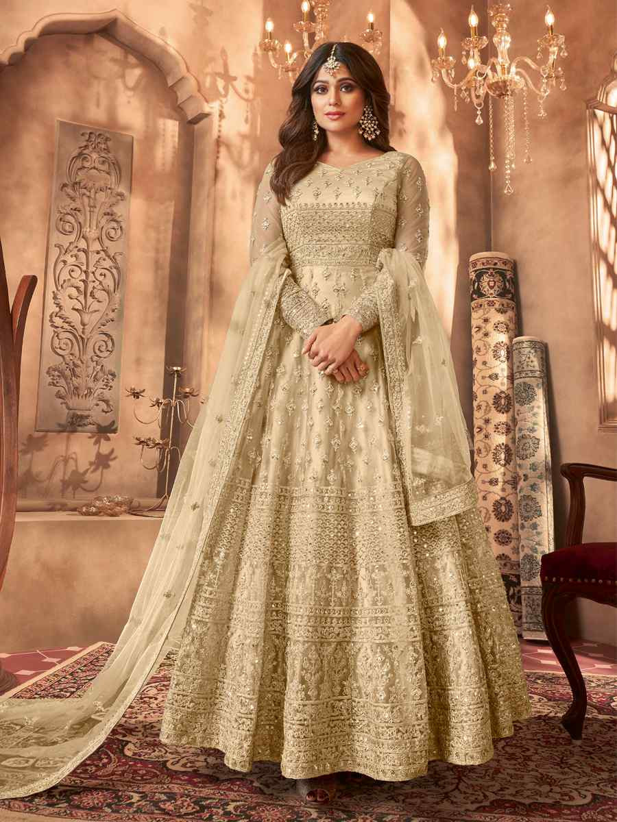 Cream Net Embroidered Festival Wedding Anarkali Salwar Kameez
