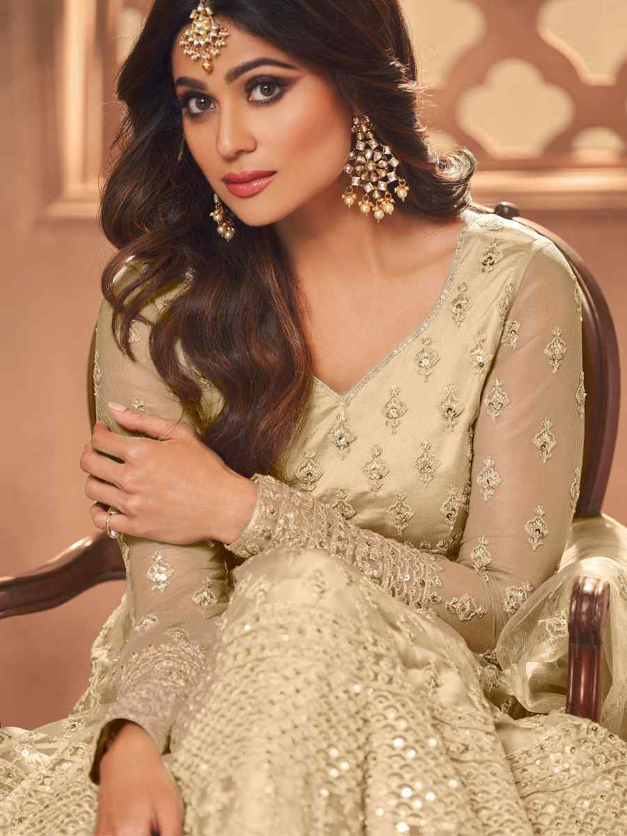 Cream Net Embroidered Festival Wedding Anarkali Salwar Kameez