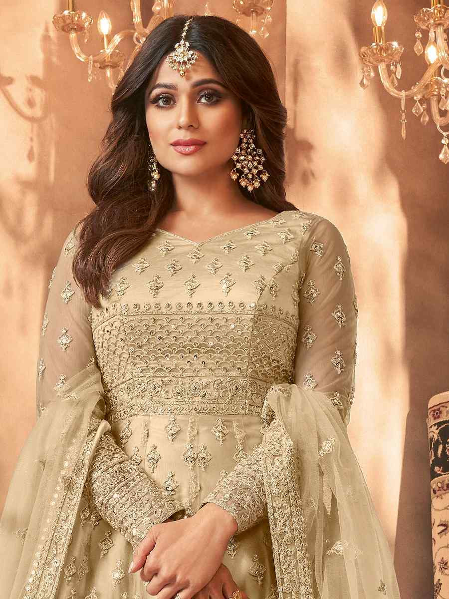 Cream Net Embroidered Festival Wedding Anarkali Salwar Kameez