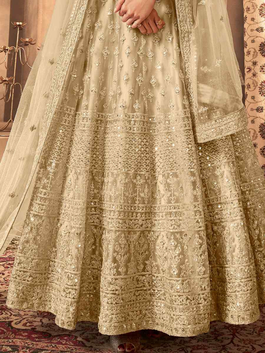 Cream Net Embroidered Festival Wedding Anarkali Salwar Kameez