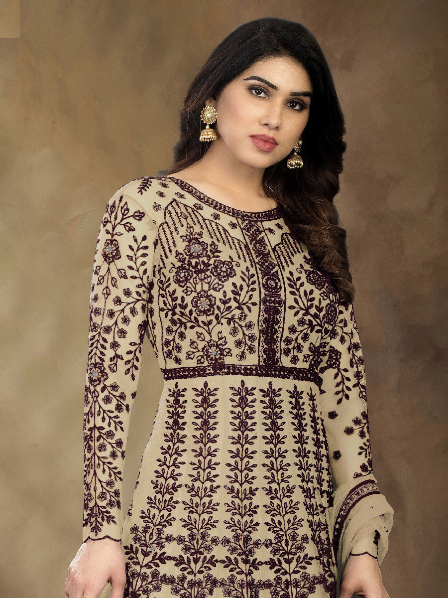 Cream Net Embroidered Festival Wedding Anarkali Salwar Kameez