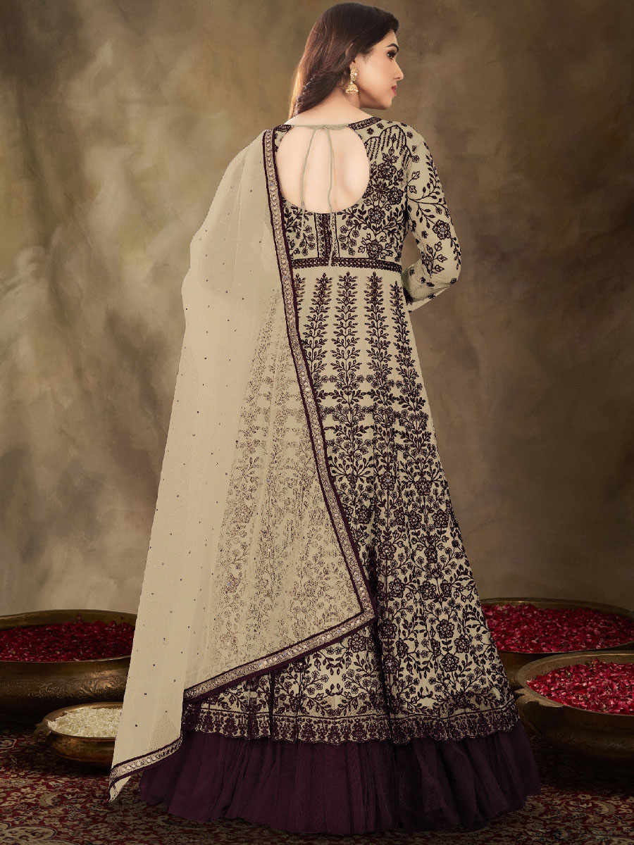 Cream Net Embroidered Festival Wedding Anarkali Salwar Kameez