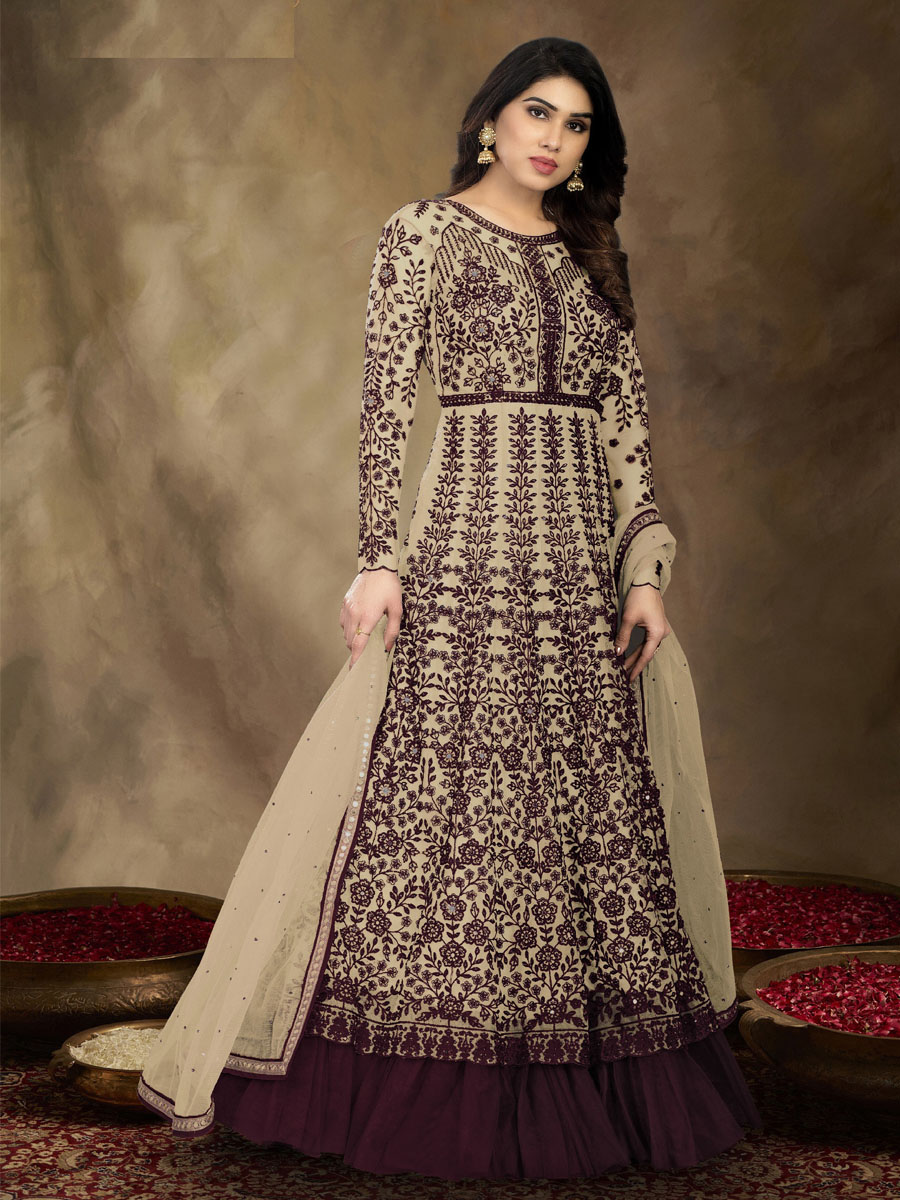 Cream Net Embroidered Festival Wedding Anarkali Salwar Kameez