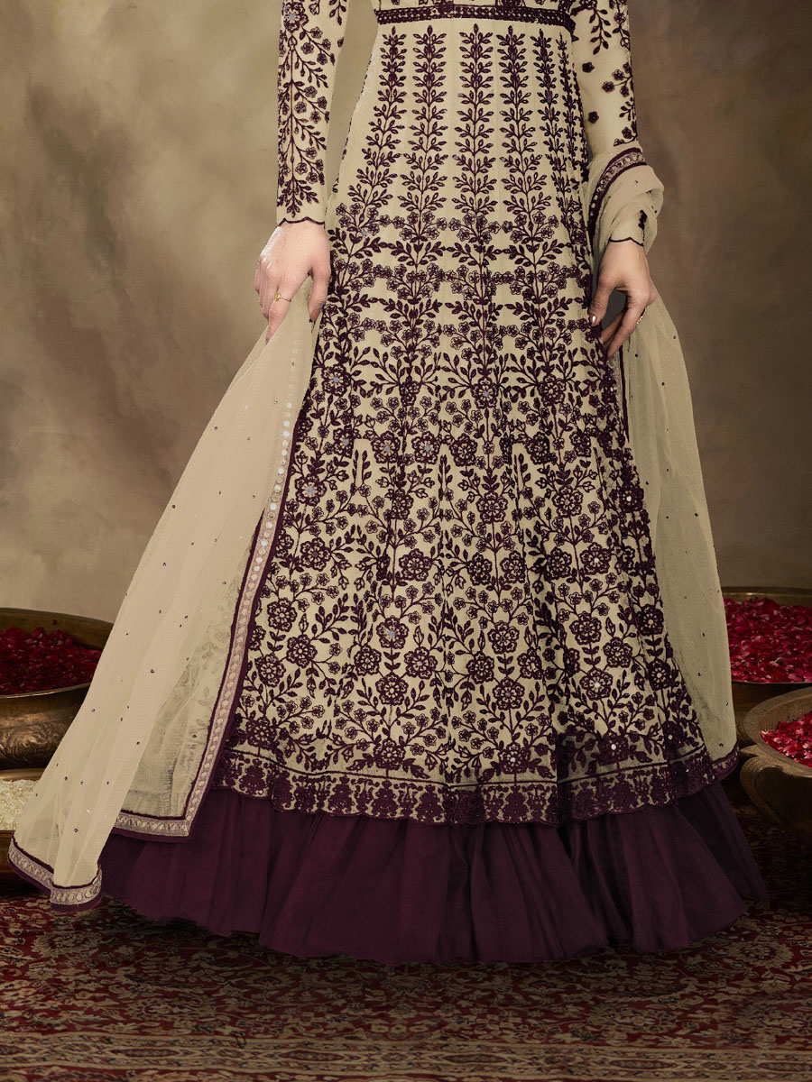 Cream Net Embroidered Festival Wedding Anarkali Salwar Kameez