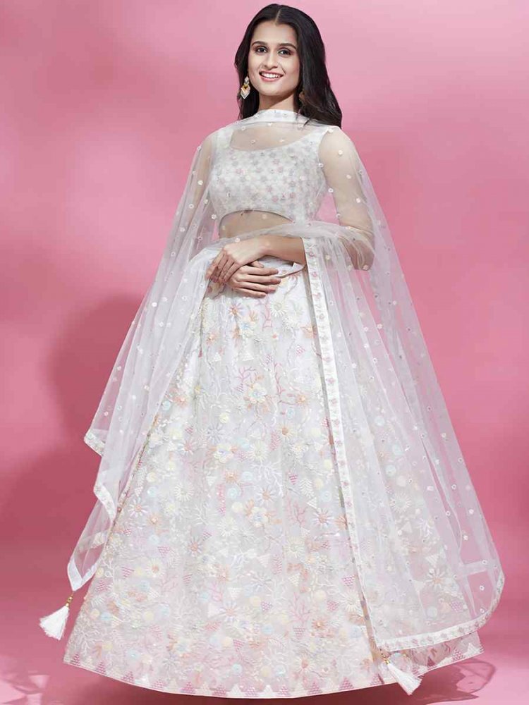 Cream Net Embroidered Festival Wedding Circular Lehenga Choli