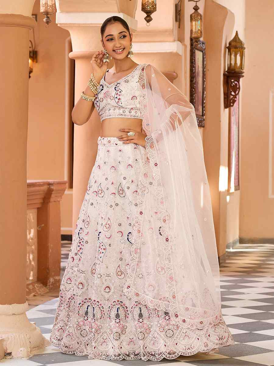 Cream Net Embroidered Wedding Reception Festival Heavy Border Lehenga Choli