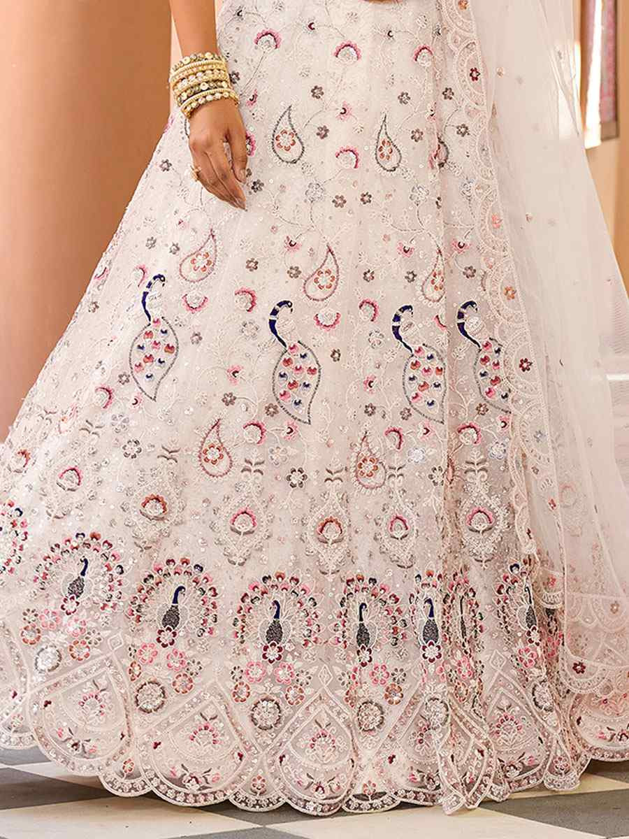 Cream Net Embroidered Wedding Reception Festival Heavy Border Lehenga Choli