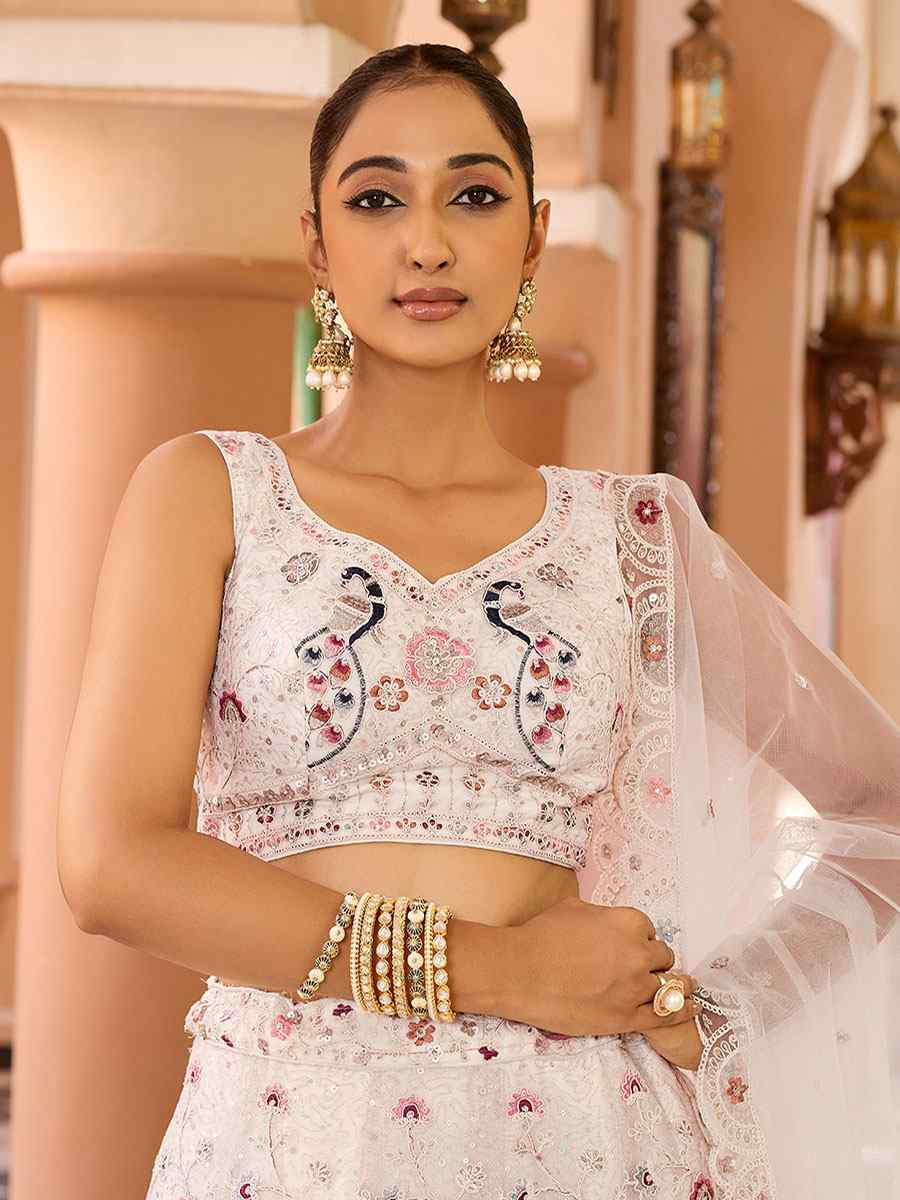 Cream Net Embroidered Wedding Reception Festival Heavy Border Lehenga Choli
