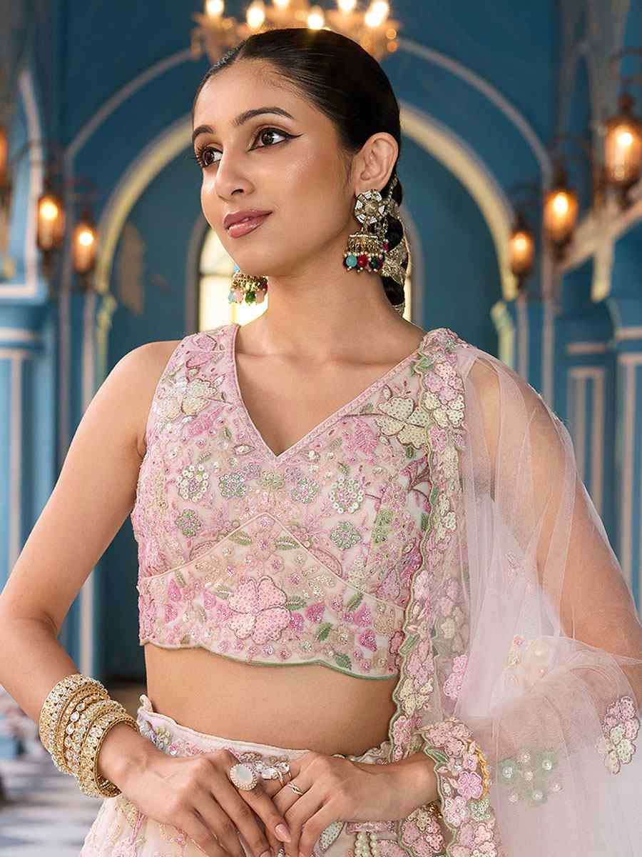 Cream Net Embroidered Wedding Reception Festival Heavy Border Lehenga Choli