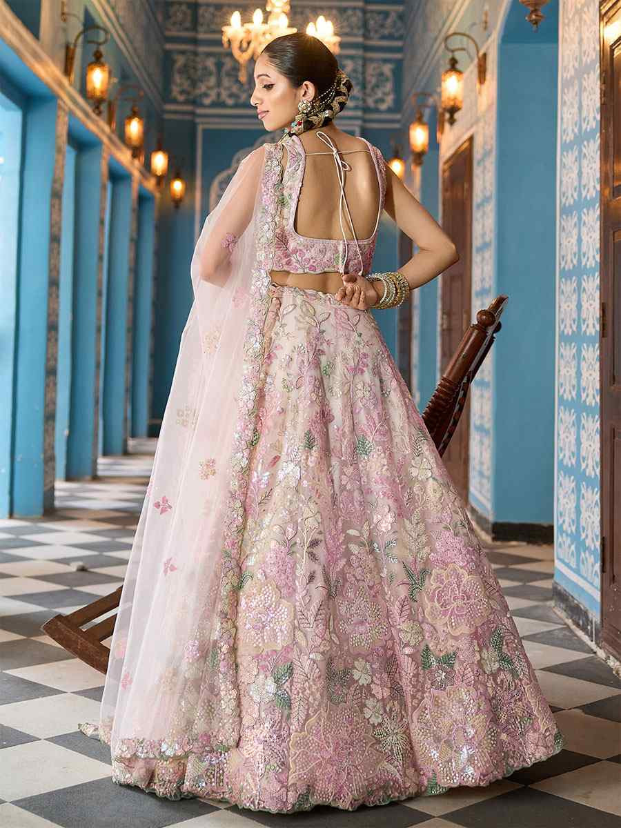 Cream Net Embroidered Wedding Reception Festival Heavy Border Lehenga Choli