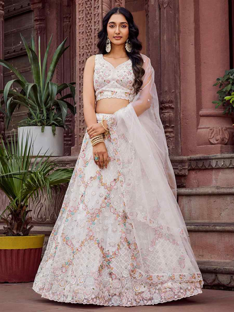 Image of Cream Net Embroidered Wedding Reception Festival Heavy Border Lehenga Choli