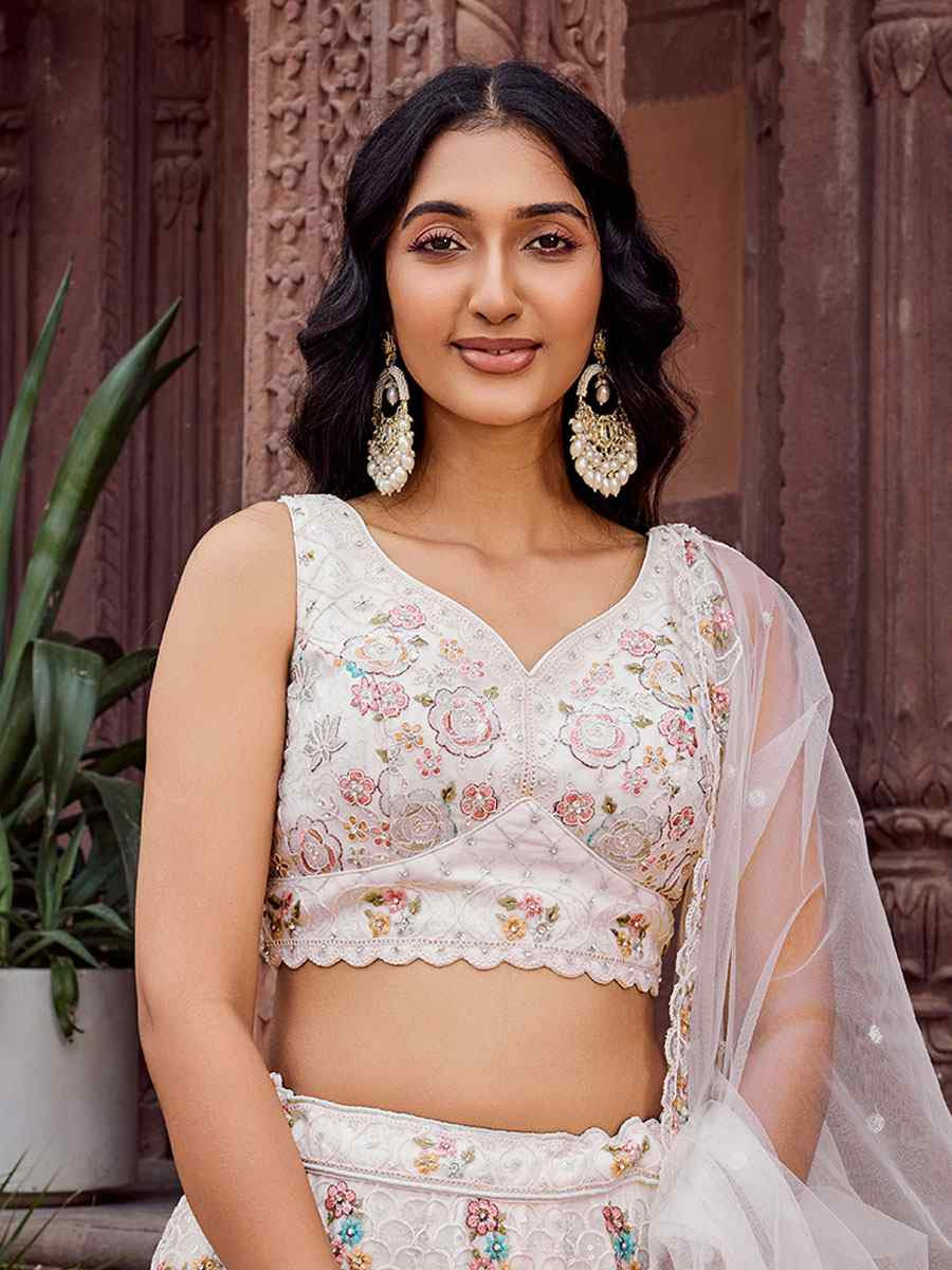 Cream Net Embroidered Wedding Reception Festival Heavy Border Lehenga Choli