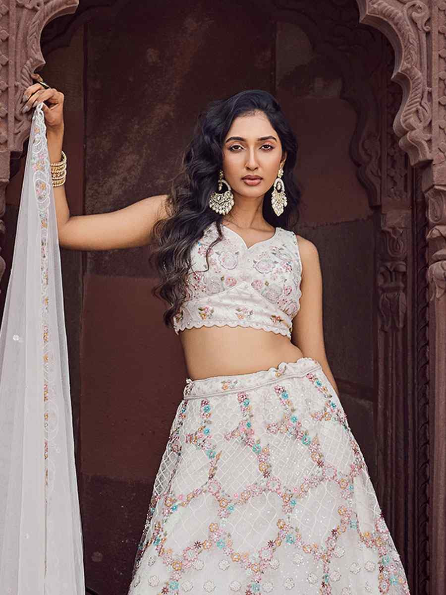 Cream Net Embroidered Wedding Reception Festival Heavy Border Lehenga Choli
