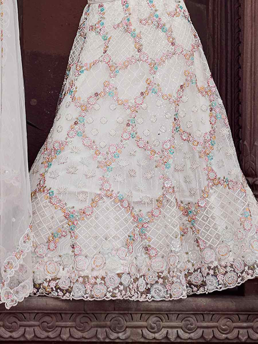 Cream Net Embroidered Wedding Reception Festival Heavy Border Lehenga Choli