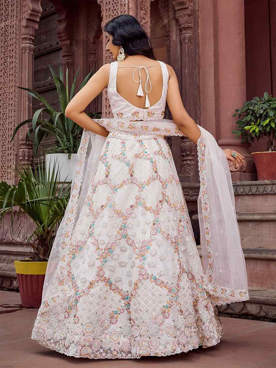 Cream Net Embroidered Wedding Reception Festival Heavy Border Lehenga Choli