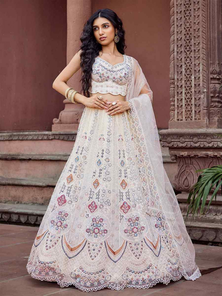 Image of Cream Net Embroidered Wedding Reception Festival Heavy Border Lehenga Choli
