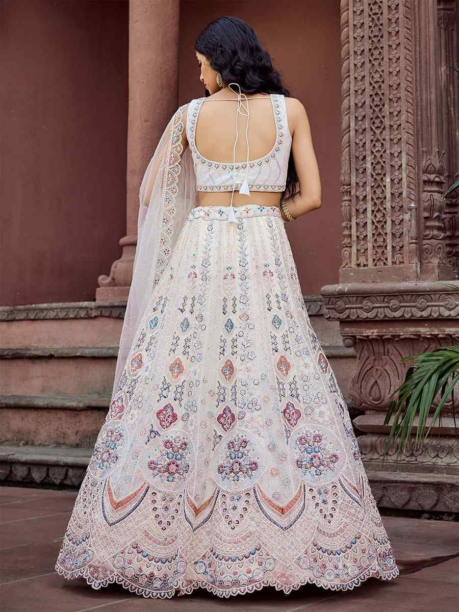 Cream Net Embroidered Wedding Reception Festival Heavy Border Lehenga Choli