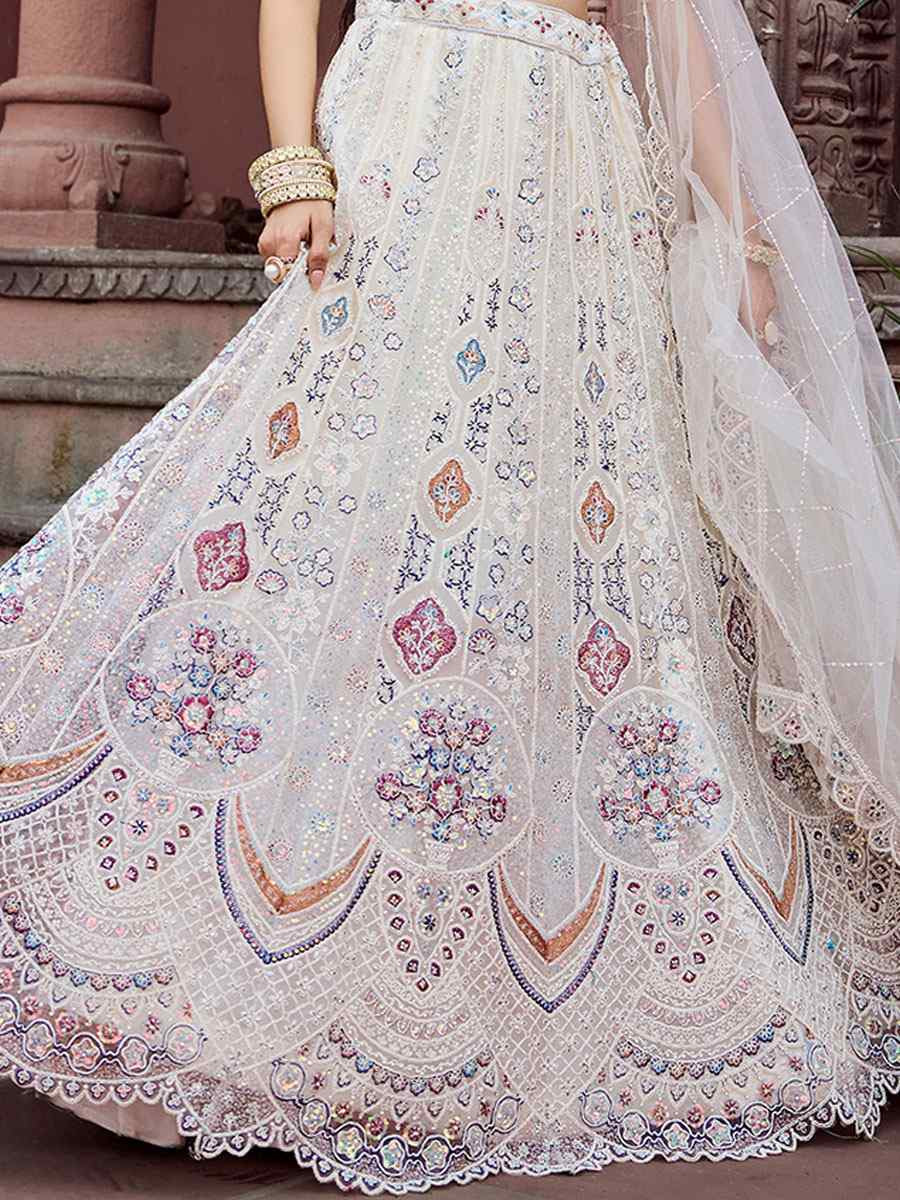 Cream Net Embroidered Wedding Reception Festival Heavy Border Lehenga Choli