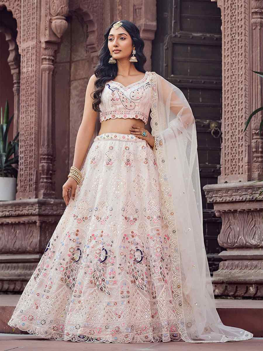 Cream Net Embroidered Wedding Reception Festival Heavy Border Lehenga Choli