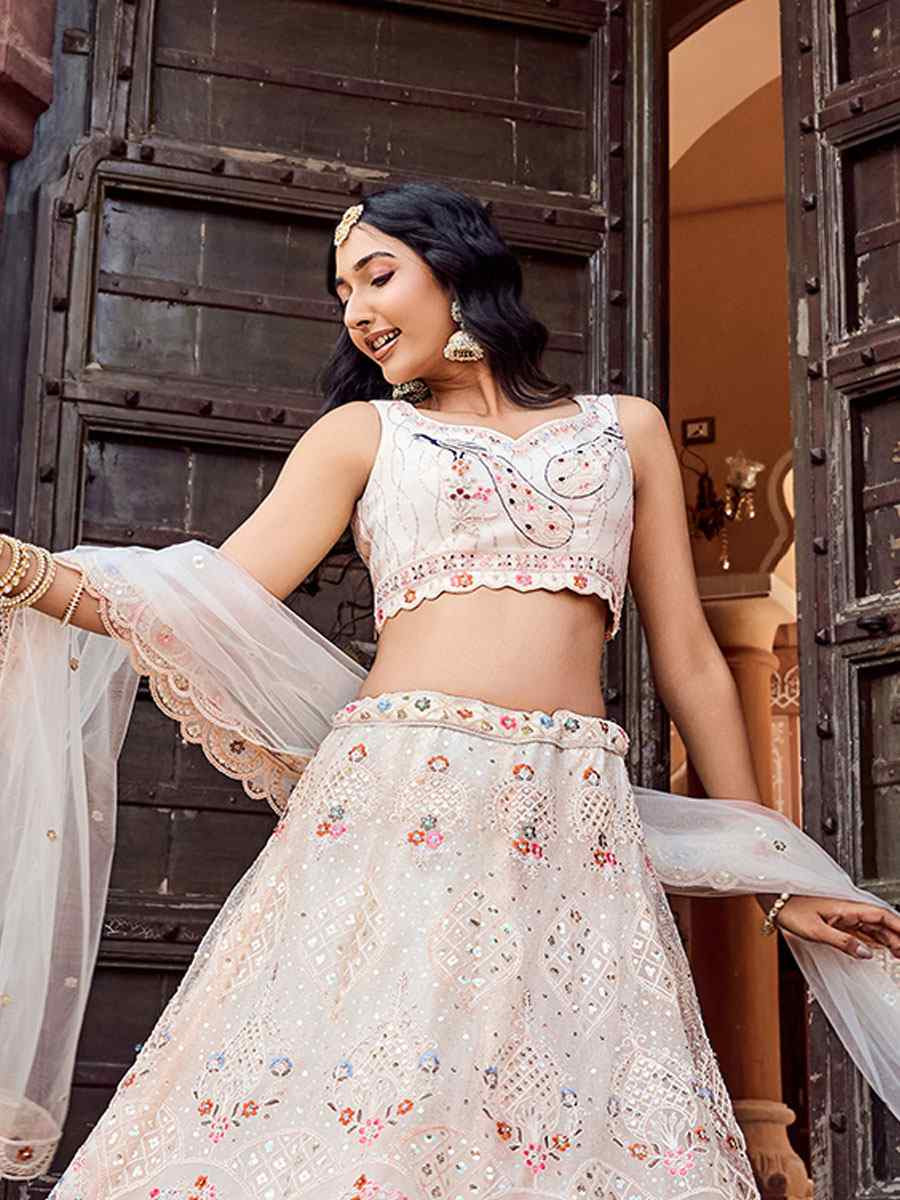 Cream Net Embroidered Wedding Reception Festival Heavy Border Lehenga Choli